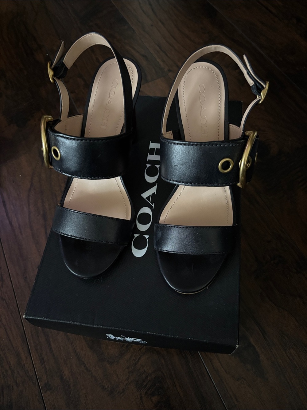 Coach Black Leather Slingback Sandals with Gold Buckle Accents - Picture 1 of 8